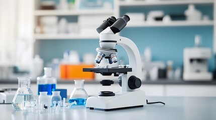 Poster - a microscope and laboratory equipment on a white table