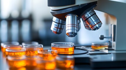 Poster - A Microscope and Petri Dishes with Orange Liquid in a Laboratory Setting