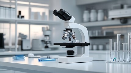 Poster - microscope and test tubes in a modern laboratory setting