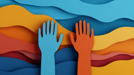 Colorful Abstract Paper Art with Two Hands Reaching Up Against a Wavy Background