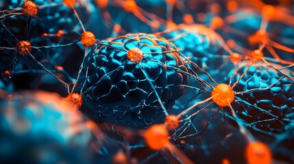 Poster - A close-up view of a neural network, with neuron cells connected by axons, in blue and orange tones