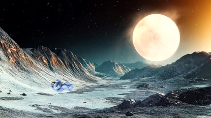 Wall Mural - Astronaut on alien moon landscape under bright full moon and starry sky. Seamless looping time-lapse video background
