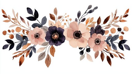 Wall Mural - Watercolor Floral Arrangement  Pink and Purple Flowers with Leaves and Berries  Botanical Illustration