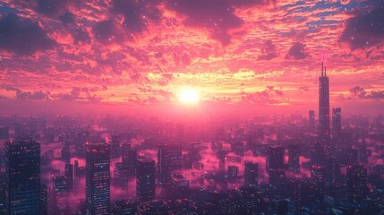 Wall Mural - Futuristic Cityscape at Sunset with Pink Clouds and Stars