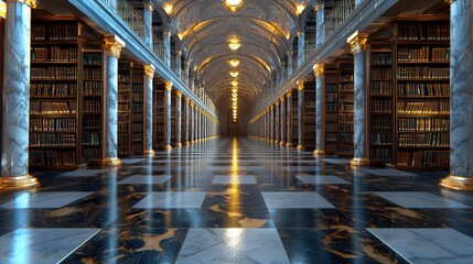 Low-angle shot of a library with grand stone pillars