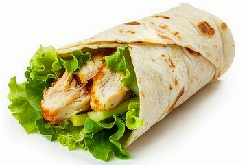 Wall Mural - Crispy chicken wrap with lettuce, melted Mozzarella, yellow or honey sauce, tortilla wrap with chicken and vegetables isolated on white