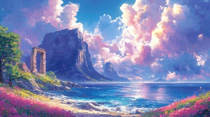 Wall Mural - Idyllic Seascape with Pink Flowers and Stone Archway