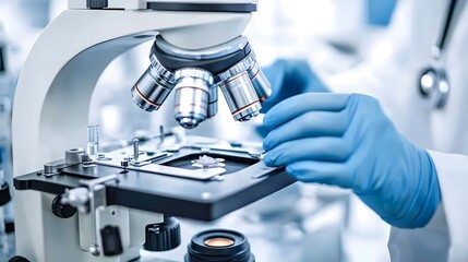 Poster - Scientist's gloved hand adjusting a microscope slide under a powerful lens