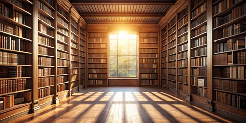 Sunlight streams through a large window illuminating a grand library with towering bookshelves lined with leather-bound volumes.