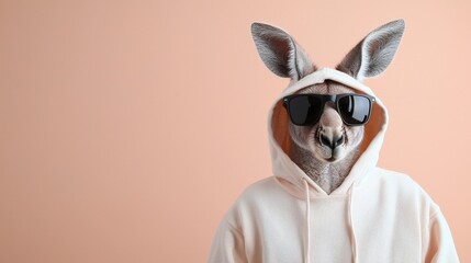 Stylish Kangaroo Wearing Hoodie and Sunglasses on Pastel Background - Fun Animal Fashion Concept