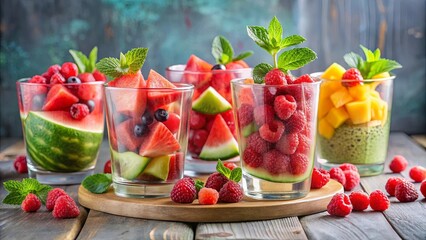 Wall Mural - Refreshing Summer Fruit Salad in Glasses with Watermelon, Raspberries, and Mint