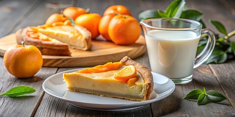 A slice of orange citrus tart with a creamy filling sits on a white plate next to a glass of milk on a wooden table, surrounded by fresh oranges and leaves.