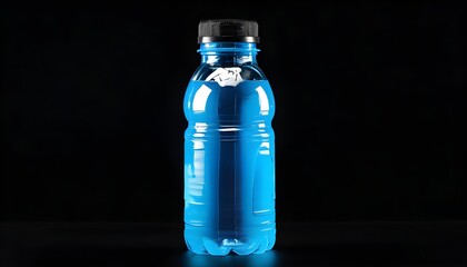 Sleek blue plastic bottle with black cap against a dark backdrop