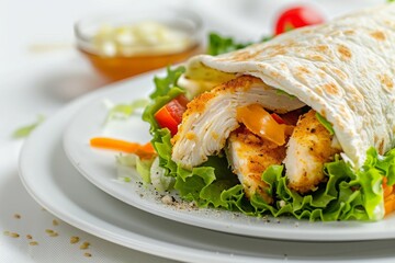 Wall Mural - Crispy chicken wraps with lettuce, melted Mozzarella, yellow or honey sauce, tortilla wrap with chicken and vegetables on white plate on white background 