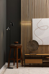 Aufkleber - Stool, wooden cabinet and decor elements in room. Stylish interior design