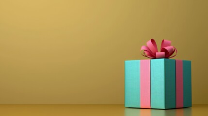 Colorful Gift Box with Ribbon on Yellow Background - Perfect for Celebrations and Festive Occasions