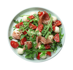 Wall Mural - Tasty salad with arugula, mozzarella cheese, tomatoes and jamon isolated on white, top view