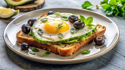 A slice of toast topped with avocado, a fried egg, fresh herbs, and blueberries, a healthy and visually appealing breakfast option.