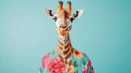 Giraffe Wearing Floral Shirt on Pastel Background - Fun and Whimsical Animal Fashion Concept