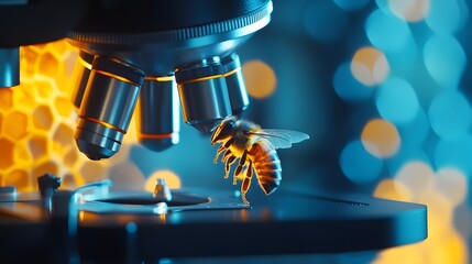 Poster - A Honey Bee Under a Microscope with a Honeycomb Background