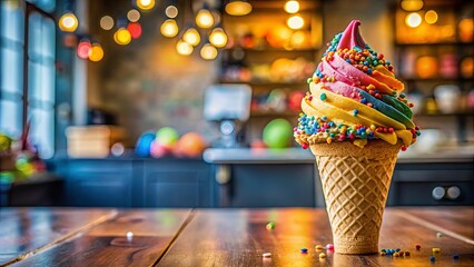 Wall Mural - A colorful soft serve ice cream cone with sprinkles resting on a wooden table in a cafe