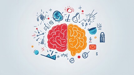 Poster - Hand-drawn Illustration of a Brain with Surrounding Abstract Symbols
