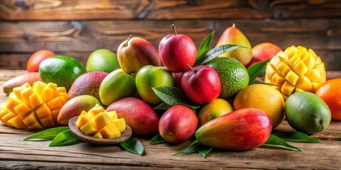 Wall Mural - A vibrant collection of ripe mangoes, showcasing a variety of colors and textures, arranged on a rustic wooden surface with lush green leaves adding a touch of nature.