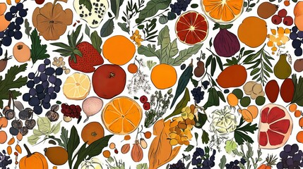 Vibrant fruits and vegetables arranged in a colorful and artistic pattern.