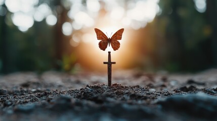 Butterfly perched on a cross in nature