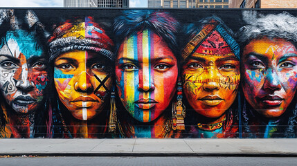 colorful mural of indigenous women in urban setting - street art, graffiti, diversity, cityscape, portrait, expressionism, culture, vibrant, bold, powerful