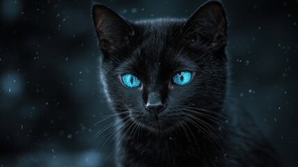 Poster - Mysterious black cat with glowing blue eyes in the dark