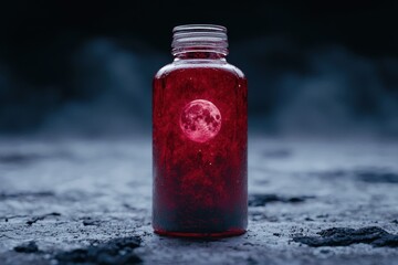 Wall Mural - Mystical red potion in glass bottle with moon reflection