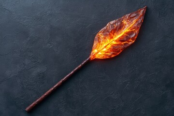 Canvas Print - Glowing amber crystal leaf on dark background