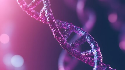Poster - A Close-up of a Shiny Purple DNA Strand Against a Blurred Pink Background