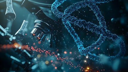 Poster - 3D Render of a DNA Strand, a Microscope, and Lab Equipment