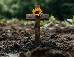 Canvas Print - wooden cross with sunflower in soil