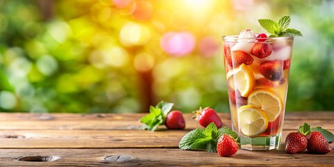 Wall Mural - Refreshing Summer Drink with Lemon and Strawberry Slices in a Glass on a Wooden Table