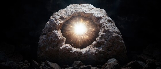 Poster - Dramatic sunlight bursting through a rocky cave