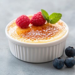 Poster - Delicious creme brulee dessert with fresh raspberries and mint