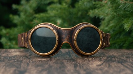 Vintage steampunk goggles on wooden surface