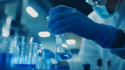 Aufkleber - Close-up of gloved hand holding a flask filled with blue liquid in a laboratory setting