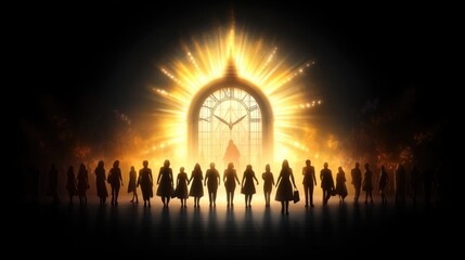 Black friday sale event with crowd silhouettes and glowing clock in background