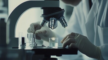Poster - Close-up of a Scientist's Hand Using a Microscope in a Lab Setting