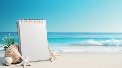 Wall Mural - a blank notepad sits on a sandy beach beside seashells and starfish, with a serene ocean view under 