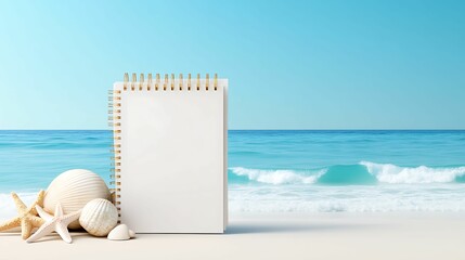 Wall Mural - A blank notepad rests on the sandy beach next to seashells, with a beautiful ocean backdrop under a clear blue sky.