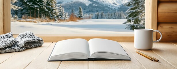 Wall Mural - A serene winter cabin view featuring an open notebook, a cozy cup, and snow-covered mountains visible through a wooden window.