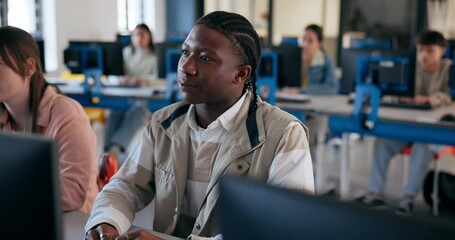 Wall Mural - Computer, conversation and black student in classroom for learning, lecture or lesson at university. College, study and question with learner or pupil in school class for online assessment and report