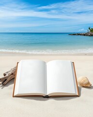 Wall Mural - An open book rests on a sandy beach, with calm waves and a clear blue sky in the background, inviting creativity and relaxation.
