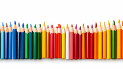 A Row of Colorful Wooden Pencils Arranged in a Spectrum of Colors on a White Background