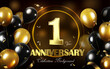 © free job - 1st year anniversary celebration abstract background and elegant golden and black balloons, gold 1 number anniversary celebrating  creative and modern bright banner.